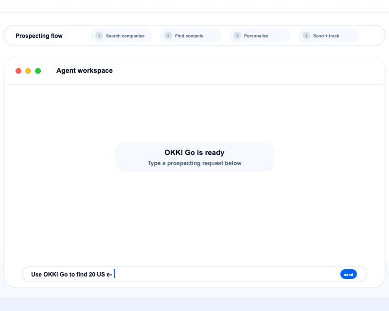 OKKI Go Skill prospecting and outreach workflow in an agent chat window